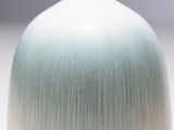 a white and blue vase sitting on a table