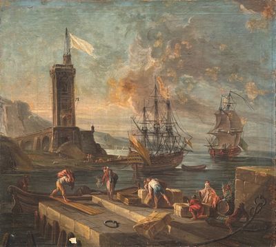 an image of a painting of a harbor scene with ships in the water
