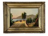 une peinture à l'huile sur toile représentant une route de campagne sur laquelle marchent des personnes