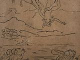 a drawing of a man riding a horse in the sky