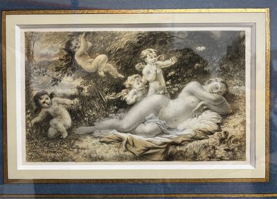 tableau représentant une femme allongée sur le sol, avec des chérensils et des chérensils en arrière-plan