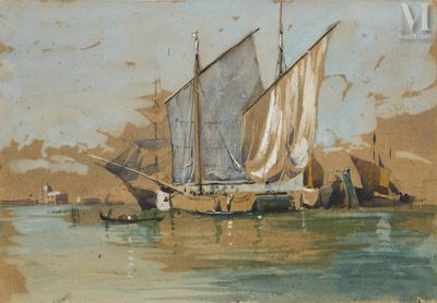 painting of a sailboat in a body of water with a small island in the background