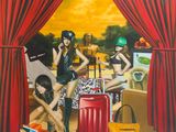 un tableau représentant un groupe de femmes assises devant un rideau rouge