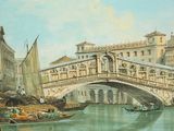 a painting of a bridge over a body of water