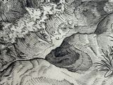 a black and white drawing of a man and a dog in the woods