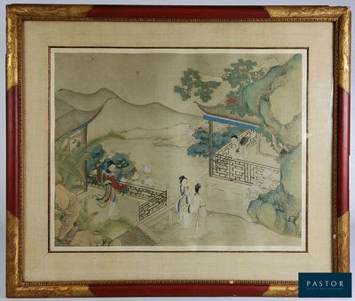 une image représentant un tableau où l'on voit un homme et une femme devant un bâtiment