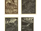 quatre gravures sur bois en noir et blanc représentant une scène forestière