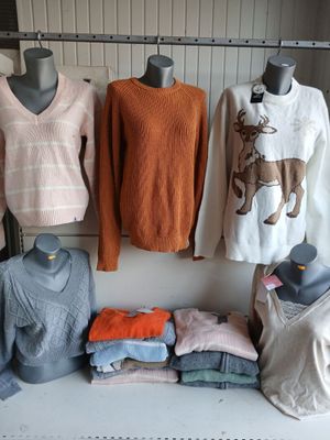 plusieurs mannequins et pulls exposés dans un magasin de vêtements
