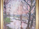 an oil painting of a snowy landscape with trees in the foreground