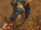 un tableau représentant une femme en robe bleue debout au sommet d'un rocher