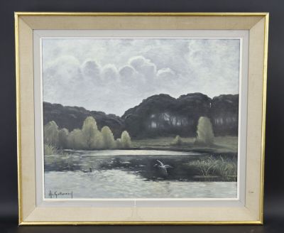 an oil painting of a lake and trees in the distance