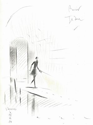 dessin représentant une femme marchant sous la pluie avec un parapluie