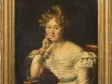 un tableau représentant une femme assise sur une chaise, la main posée sur le menton