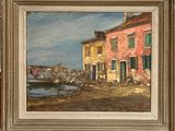 a painting of a horse drawn carriage in front of a building