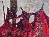 a painting of a red dragon with a knife in it ' s mouth