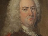 an old painting of a man with white hair wearing a red coat