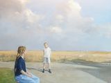 un tableau représentant une femme et un garçon assis sur un banc