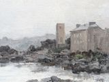 an oil painting of a building near a body of water with rocks in the foreground