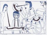 dessin représentant un groupe de personnes assises autour d'une table avec de la nourriture
