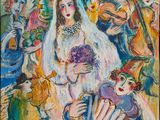 un tableau représentant une femme en robe de mariée tenant un bouquet