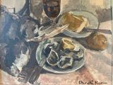 a painting of a plate of food and a glass of wine on a table