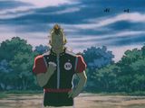 anime image of a man with a crown on his head standing in front of trees
