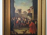 an oil painting of a group of people in a courtyard