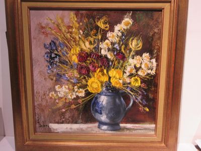 a painting of flowers in a blue vase on a table