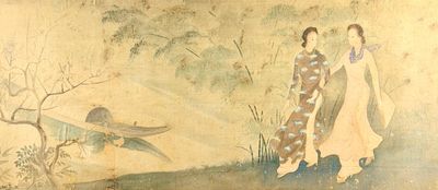 un tableau accroché au mur représentant une femme et un oiseau
