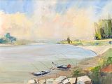 une peinture représentant des bateaux au bord d'un lac