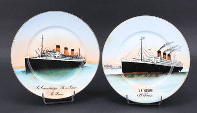 two plates with a picture of a ship on them