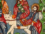 an image of a painting of jesus riding a donkey with three people