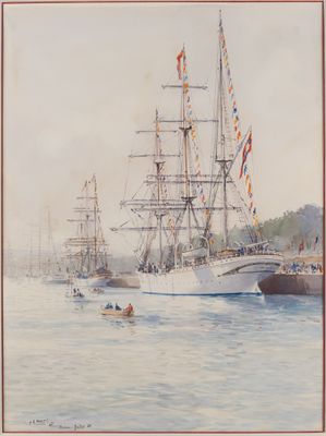 a painting of a group of ships in the water