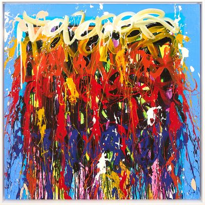 abstract painting of colorful paint drips on a blue background