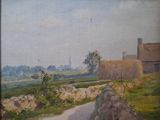 an oil painting of a country road with a barn in the distance