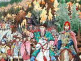 a painting of a group of people riding horses in the snow