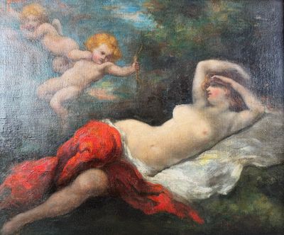 École du XXème siècle. Vénus réveillée par des putti Huile s…