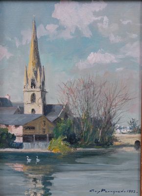 tableau représentant une église avec un clocher surplombant un plan d'eau