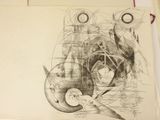 a drawing of an owl and a bird on a table