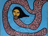 un tableau représentant une femme et un serpent sur fond bleu