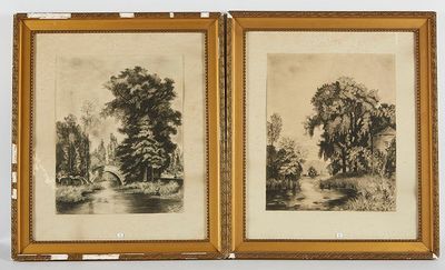 deux dessins représentant des arbres et une rivière, dans un cadre en bois