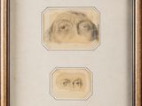 deux dessins encadrés représentant le visage d'un homme et les yeux d'une femme