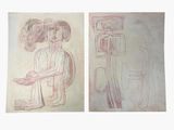 two drawings of a man and a woman sitting on a bench
