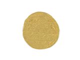 a close up of a gold coin on a white surface