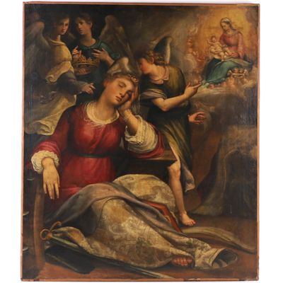 une image représentant un tableau où l'on voit une femme avec des anges en arrière-plan