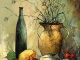a painting of a vase of flowers and fruit on a table