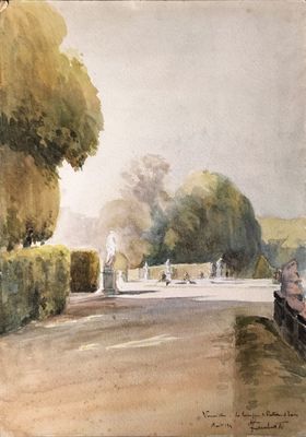 une aquarelle représentant un parc avec un banc et une fontaine