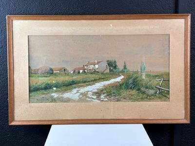 tableau encadré représentant une scène de campagne avec un chemin de terre au premier plan