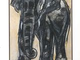drawing of an elephant standing in front of a yellow background
