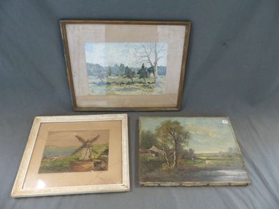deux tableaux encadrés représentant un paysage et un moulin à vent sur fond bleu
